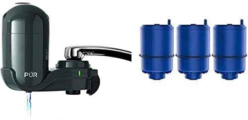 PUR PLUS Vertical Faucet Mount Water Filtration System with 3-in-1 Lead Reducing Filter for Great-Tasting Filtered Tap Water, Lasts 100 Gallons, Fits Most Kitchen or Bathroom Faucets, Grey