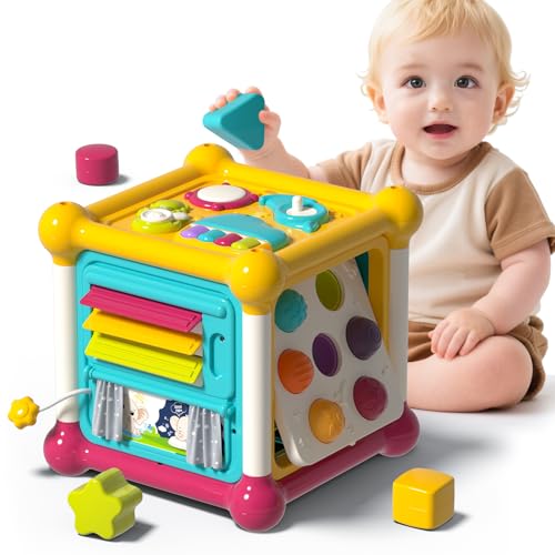 PANITU Baby Activity Cube, 6-in-1 Montessori Toys for 1-2 Year Old Boys and Girls, Multi Sensory Shape Blocks, Travel Music Toys for Toddlers 1-3