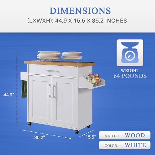 Hodedah Kitchen Island with Spice Rack, Towel Rack & Drawer, White with