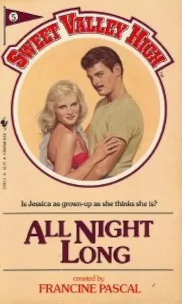 A tan book cover with a round image that says "Sweet Valley High" above it. Below that is the book title: "All Night Long."