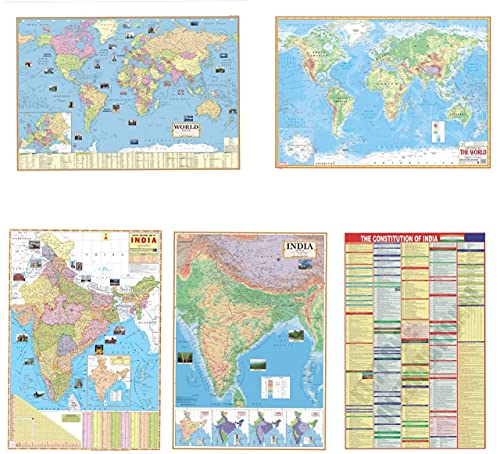 India & World Map (Both Political & Physical) & India Constitution Chart | Set Of 5 | Map Size - 70X100 cm | Use For Preparation Of UPSC, SSC, IES, etc Exams.
