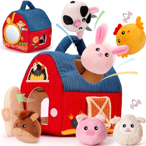 hahaland Baby Toys 6-12 Months – Surprise Barn with Stuffed Farm Animals, Rattle, Crinkle Paper, Mirror – Montessori Toys for Babies, Sensory Balls for Toddlers 1-3 – 1 Year Old Developmental Toy Gift