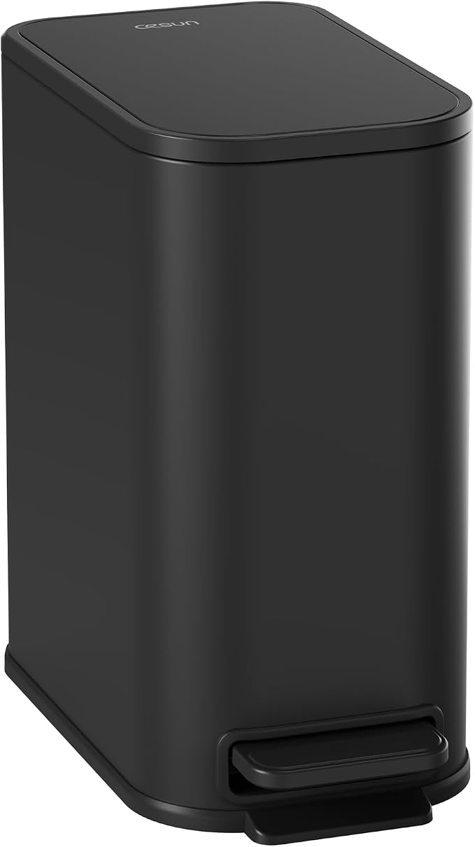 Cesun Black Bathroom Trash Can, 1.3 Gallon Small Garbage Can with Lid, Metal Slim Trash Bin with Foot Pedal, Waste Basket for Bathroom, Bedroom, Office, Matte Black, 5 Liters
