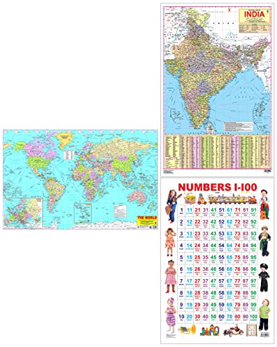 World Map - Laminated Both Sides & India Map - With New Union Territories of Jammu & Kashmir and Ladakh & Numbers 1-100 Educational Wall Chart For Kids - Both Side Hard Laminated