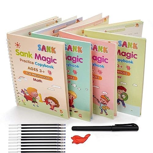 SHNMN Sank Magic Practice Copybook, (4 BOOK +1 PEN + 10 REFILL) Number Tracing Book for Preschoolers with Pen, Magic calligraphy books for kids Reusable Writing Tool