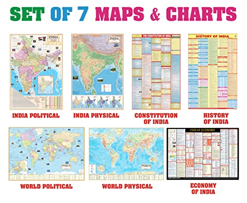 India & World Map (Both Political & Physical) with Constitution of India Chart, History & Economy of India chart | Set Of 7 | Use For Preparation Of UPSC, UPPSC, SSC, IES, RRB, etc Exams