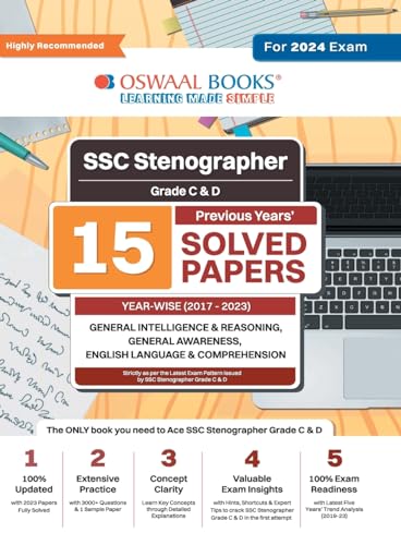 Oswaal SSC Stenographer Grade C & D 15 Previous Solved Papers | Year-Wise 2017 - 2023 | General Intelligence & Reasoning, General Awareness, English | For 2024 Exam