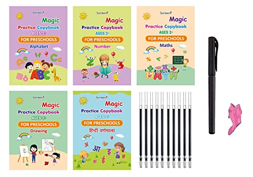 Gurukanth Magic Practice Copybook English & Hindi(5 BOOK + 10 REFILL+ 1 Pen +1 Grip) Number Tracing Book for Preschoolers with Pen