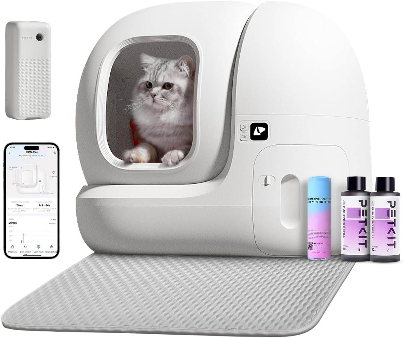 BRIGHTSHOW Large Self Cleaning Cat Litter Box, Pretty Automatic Cat Litter Box Robot with APP Control & Safe Alert & Smart Health Monitor for Kitty, Tidy Multiple Cats (White)