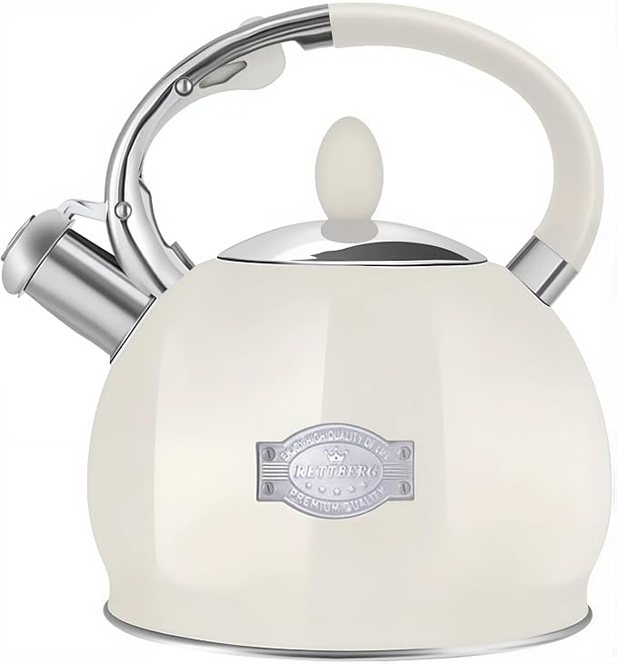 Tea Kettle for Stovetop Whistling Tea Kettles Retro Stainless Steel Teapots, 2.64 Quart (Cream)