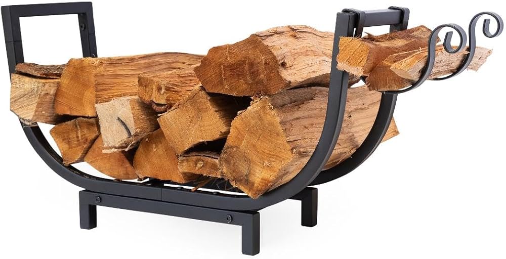 Firewood Rack Outdoor and Indoor Firewood Storage with Kindling Wood Hooks. 24 in curved Double Coated Fire Wood Rack. Waterproof Rustproof Stable Log Holder and Fireplace Organizer