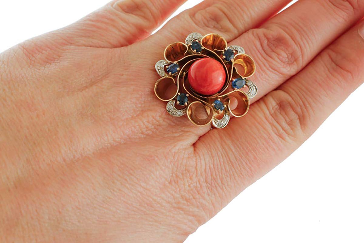 14kt White and Rose Gold Ring with Sapphires, Diamonds, and Coral