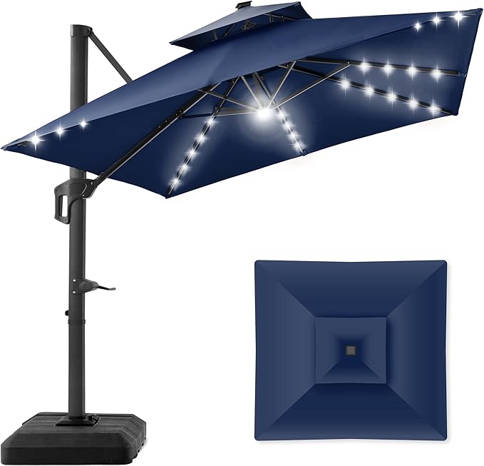 Best Choice Products 10x10ft 2-Tier Square Cantilever Patio Umbrella with Solar LED Lights, Offset Hanging Outdoor Sun Shade for Backyard w/Included Fillable Base, 360 Rotation - Navy Blue