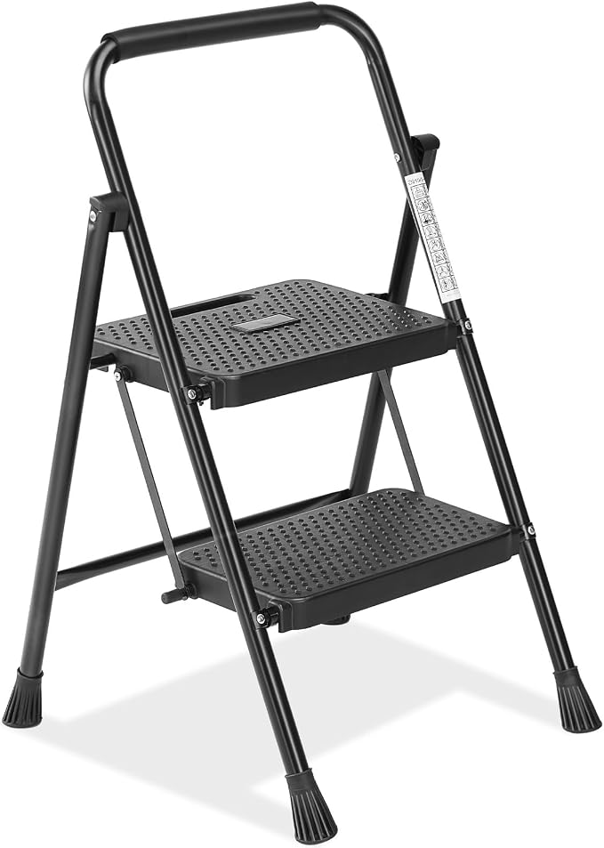 DUMOS Heavy Duty 2-Step Folding Ladder - 800lbs Capacity with Wide Anti-Slip Pedals | Steel Step Stool for Kitchen, Bathroom, Garage & Outdoor Use (Black)