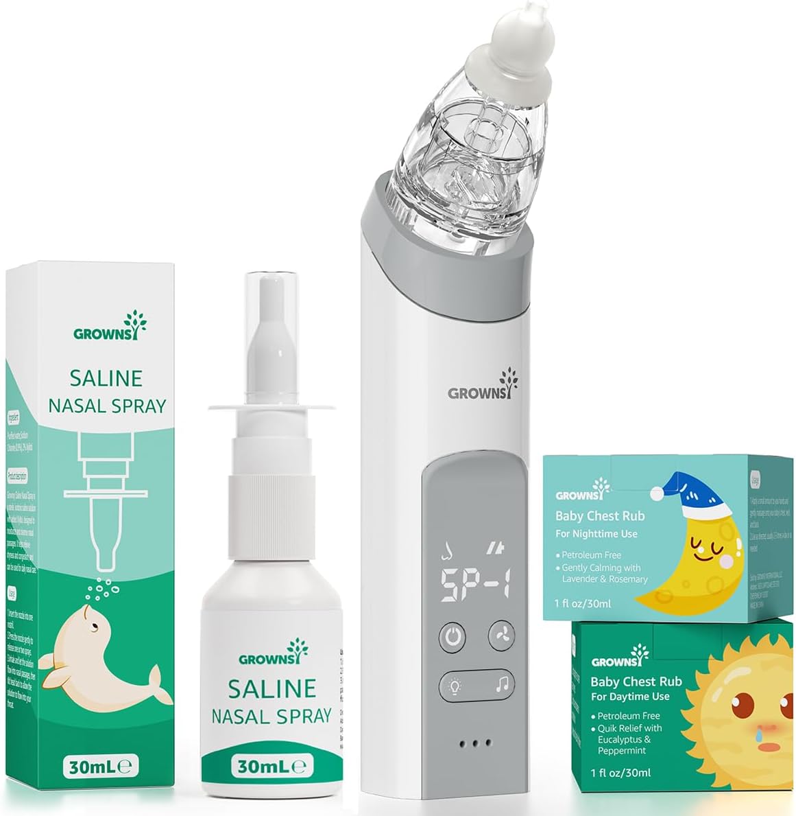 GROWNSY Breathe Easy Kit with Baby Saline Nasal Spray, Electric Nasal Aspirator