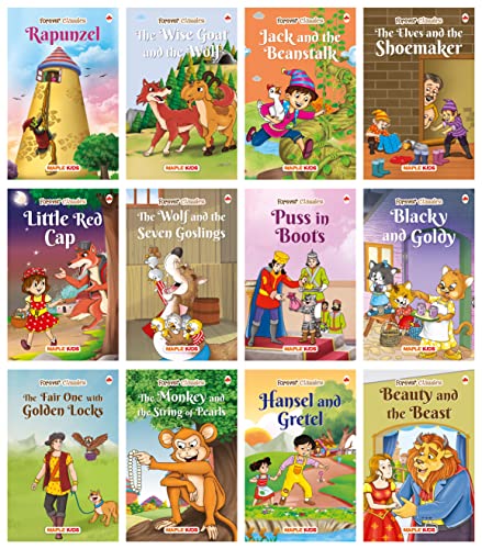 Story Books for Little Kids - Fairy Tales (Illustrated) (Set of 12 Books) - Rapunzel, Puss in Boots, Little Red Cap, Blacky and Goldy… Beauty and the Beast