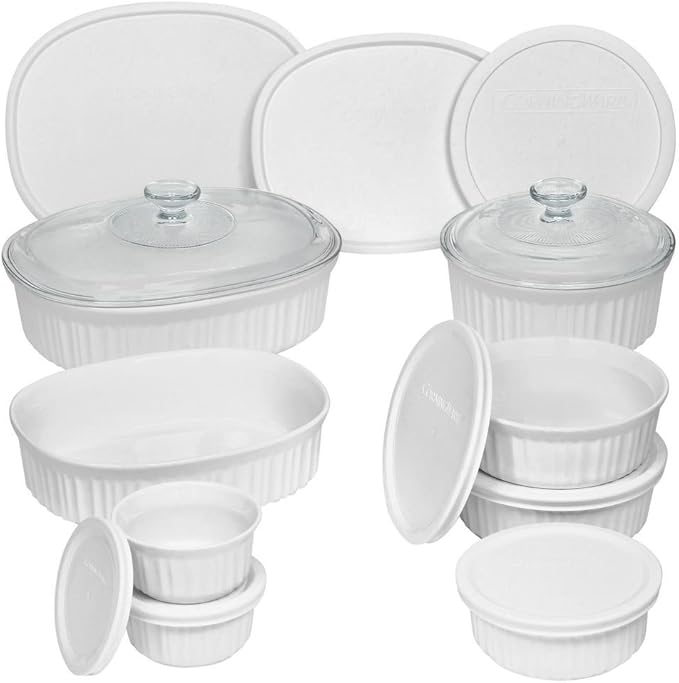 Durable Non-Porous French White 18 Piece Ceramic Made and Oven and Microwave Safe Bakeware Set with Lid by CorningWare