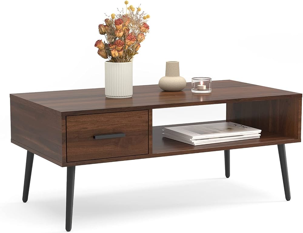 HAIOOU Coffee Table, Mid Century Modern Center Table for Living Room with Storage, Walnut Tea Table with Drawer, Open Storage Shelf, Floor-Anti-Scratching Pine Leg for Home, Office(Dark Brown)
