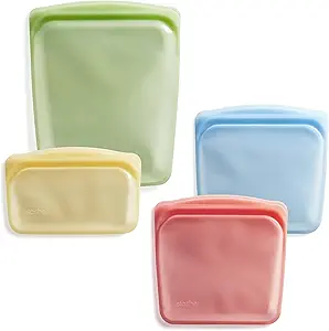 Stasher Reusable Silicone Storage Bag, Food Storage Container, Microwave and Dishwasher Safe, Leak-free, Bundle 4-Pack, Green + Red + Blue + Yellow