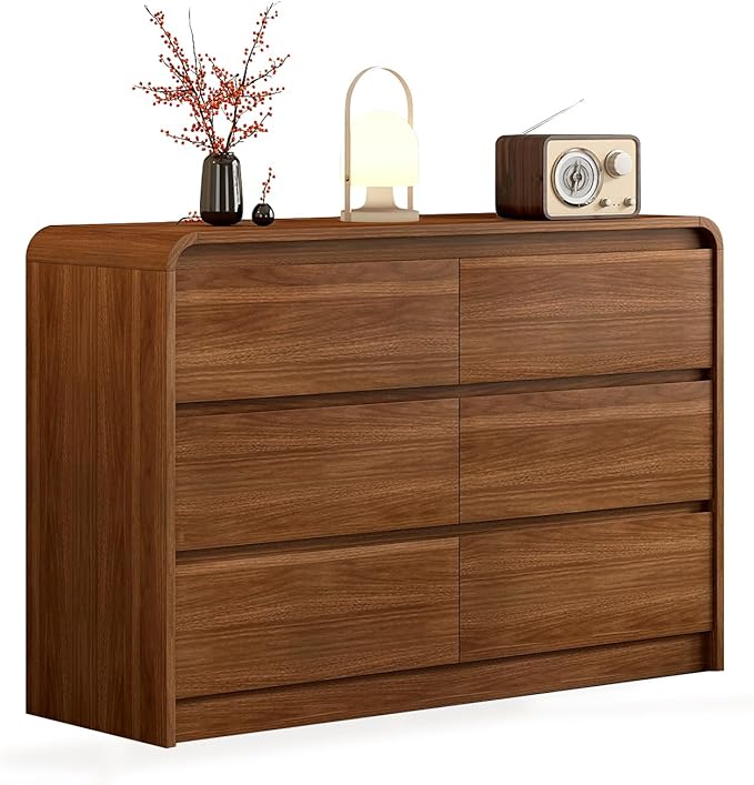 Amazon.com: Modern 6 Drawer Dresser, 47-Inch Wood Chest of Drawers, Curved Anti-Collision Design, Mid-Century Storage Cabinet, Pre-Embedded Slots, Natural Texture, for Bedroom, Living Room, TV Stand, Nursery : Home & Kitchen