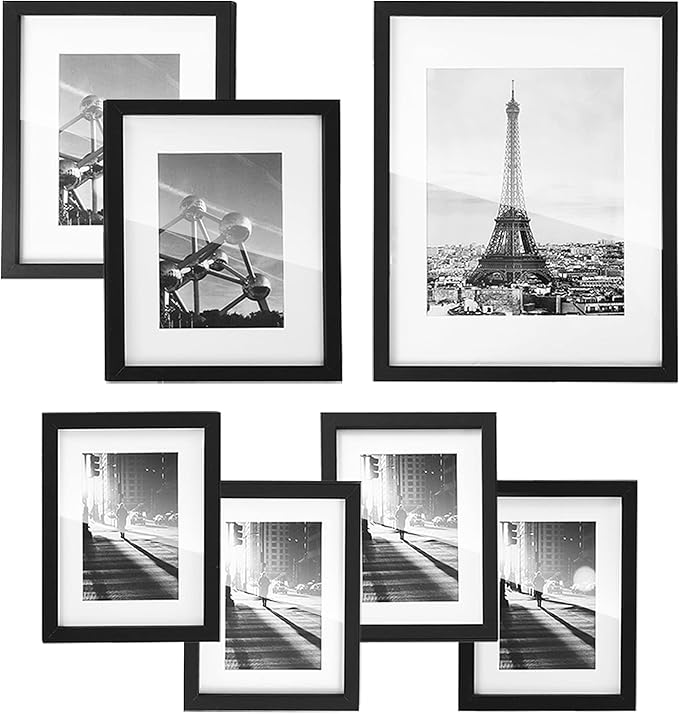 SONGMICS Picture Frames Set of 7 Pieces, One 11 x 14 Inches, Two 8 x 10 Inches, Four 6 x 8 Inches, with White Mat, Real Glass, for Multiple Photos, Black URPF37BK