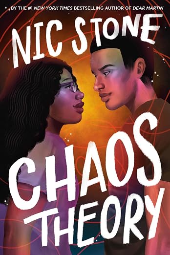 The book cover for Chaos Theory. Shelbi and Andy stand inches away from each other as they gaze into each others eyes while orange lines entangle around them.