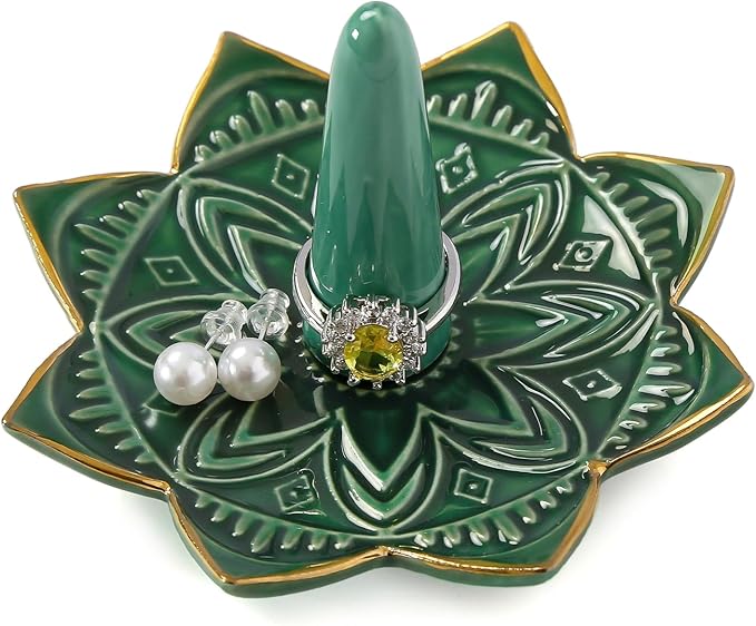Ceramic Ring Holder for Jewelry,Green Mandala Ring Dish Jewelry Dish Jewelry Holder,Room Decor,Engagement Wedding Birthday Gifts for Couples Women Girls