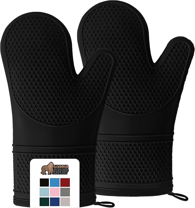 GORILLA GRIP BPA-Free Soft SIlicone Oven Mitts and Potholder Set of 4 Heat Resistant Hot Pads, Thick Cotton Lined Cooking Mitt, Long Gloves Protect Hands, Kitchen Waterproof Trivet Mats, 12.5 in Black