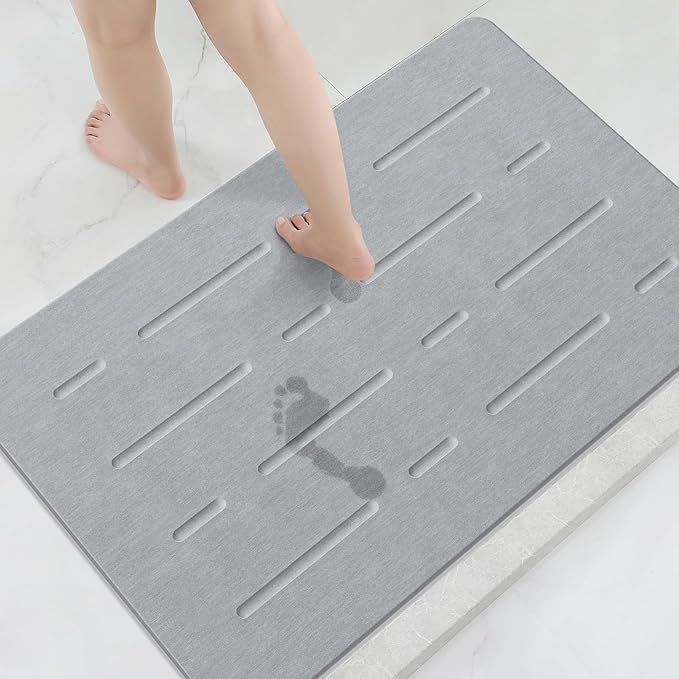 OTHWAY Large Stone Bath Mat, 32"x 20" Diatomaceous Earth Bath Mat for Bathroom Quick Drying Absorbing, Long Non-Slip Diatomite Hard Stone Shower Mat Instant Dry(Dark Grey)