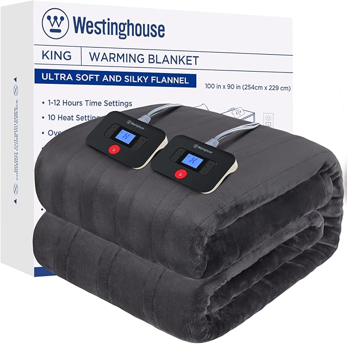 Westinghouse Electric Blanket King Size, Super Cozy Soft Flannel 100" x 90" Heated Blanket with 10 Fast Heating Levels & 1-12 Auto-Off, Machine Washable, ETL&FCC Certification, Charcoal