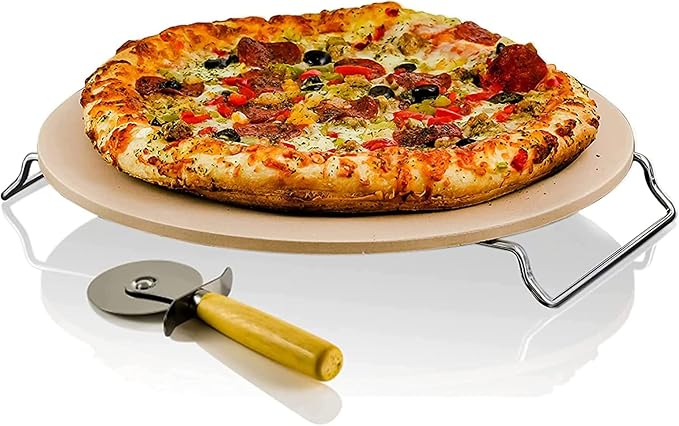 OVENTE 13" Round Pizza Stone for Oven and Grill, Heat Resistant Ceramic Flat Baking Stone with Cutter Wheel, Metal Rack Stand, Ideal for Making Crisp Crust Pizza, Bread, Cookies & More, Beige BW10132
