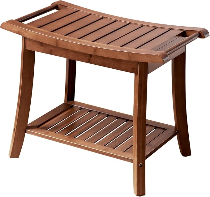 Forevich Bamboo Shower Bench Stool with Storage Shelf Waterproof Shower Chair Spa Bath Seat Excellent for Indoor Use Chestnut Brown