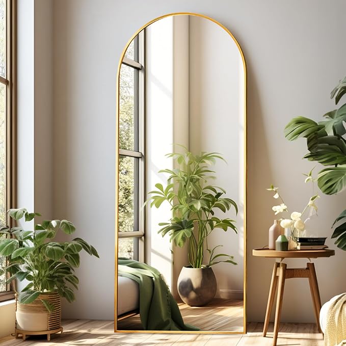 Arched Full Length Mirror, 64"*21", Large Floor Mirror with Stand, Full Body Mirrosr Standing Mirrors for Leaning or Hanging Bedroom, Living Room,Dressing Room, Aluminum Alloy Frame, Gold