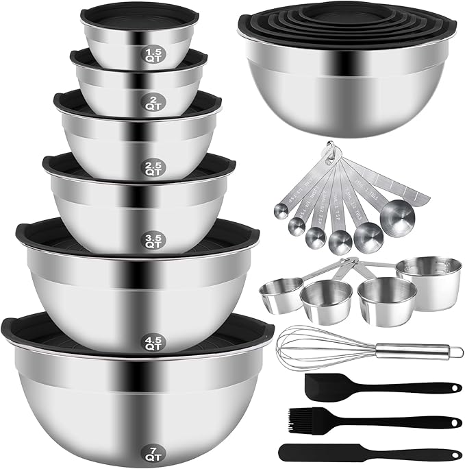 Mixing Bowls Set, 27PCS Stainless Steel Mixing Bowl with Lid Set, Large Nesting Bowls 7, 4.5, 3, 2.5, 2, 1.5QT, Measuring Cups and Spoons Baking Utensils Metal Bowl for Kitchen Prep