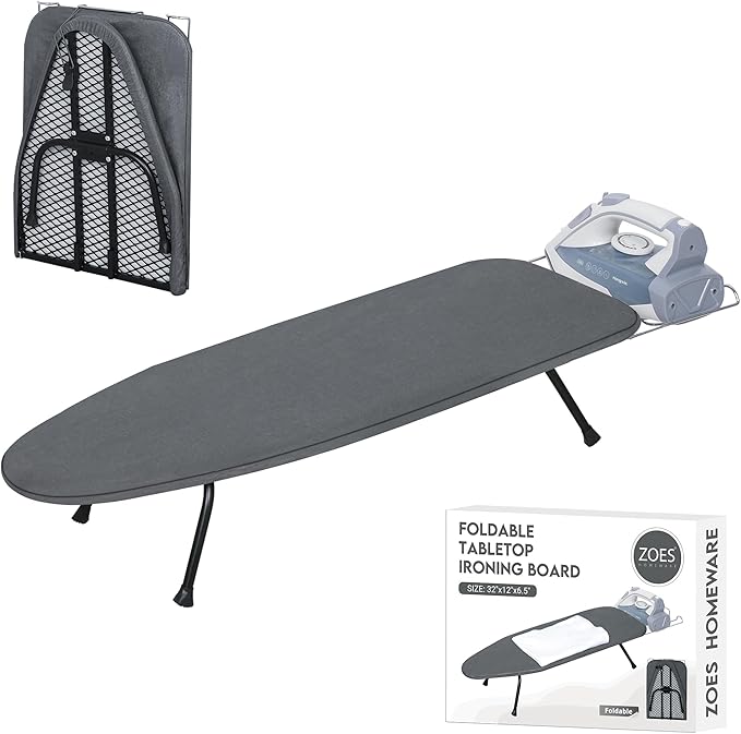 Metal Mesh Panel Tabletop Ironing Board | Foldable Iron Board | Heavy Duty Small Iron Board with Heat Resistant Cover and 100% Cotton 8mm Thicken Pad | 31.5"x11.8"x6.2"