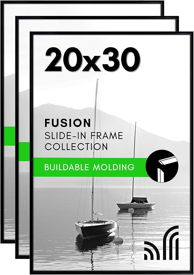 Americanflat 20x30 Poster Frame with Polished Front Cover - Set of 3 - Slide-In Photo Frame with Buildable Molding - Fusion Collection - Picture Frames for Wall Display - Black