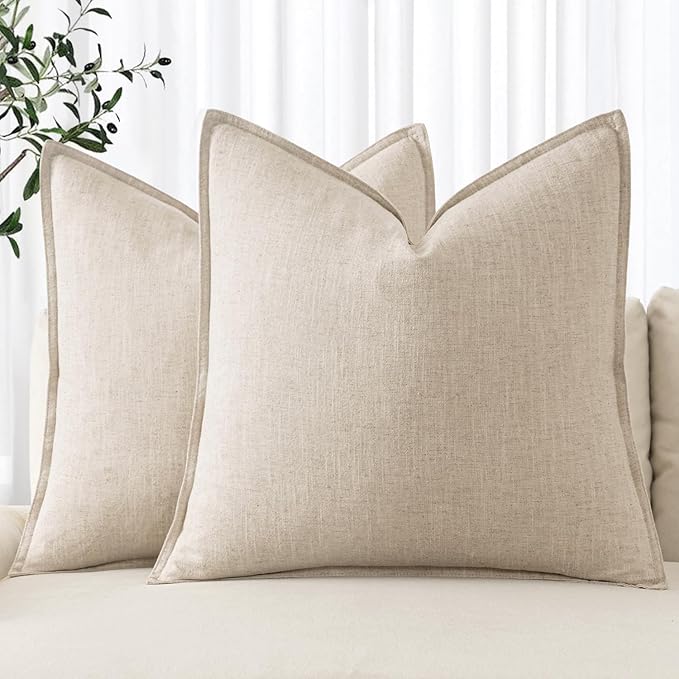MIULEE Decorative Linen Pillow Covers 18x18 Inch Natural Beige ​Boho Farmhouse​ ​Neutral Couch Throw Pillows for Bed Pack of 2 Accent Outdoor Pillowcase Modern Sofa Cushion Livingroom Home Decor