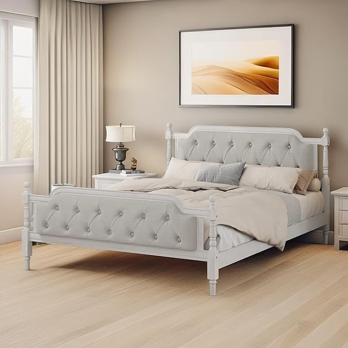 REUZTO Queen Wood Bed Frame with Tufted Headboard