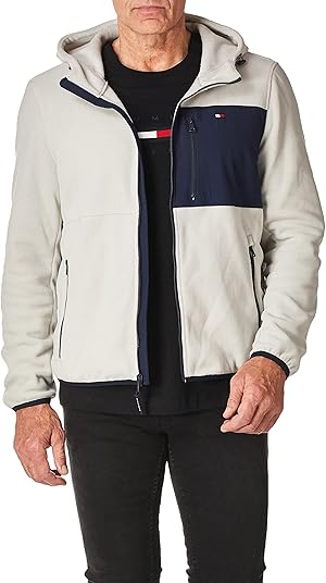  Herren Performance Fleecejacke mit Kapuze.  Reißverschluss vorne, zwei untere Taschen an den Seiten mit Reißverschluss