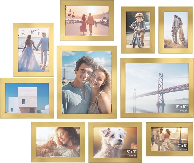 SONGMICS Picture Frames, Collage Picture Frames Set of 10, Two 8x10, Four 5x7, Four 4x6, Photo Frame for Wall Gallery Decor, Table Display, Glass, Maroon Brown, Heather Greige, Ash Black