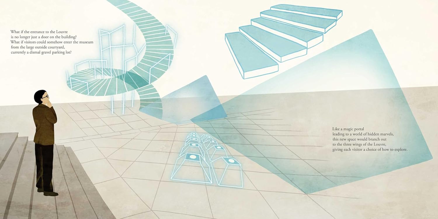 Interior two-page spread of The Glass Pyramid, featuring I. M. Pei standing at the base of a staircase and imagining structures in a black white space, some of which resemble spiral stairs, others which resemble pyramids.