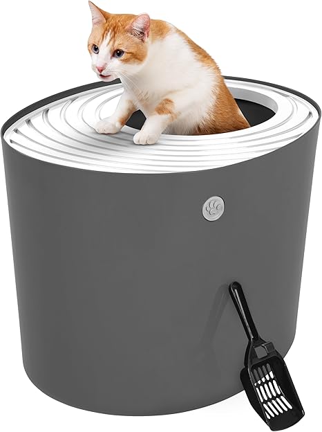 IRIS USA Round Top Entry Cat Litter Box Litter Particle Catching Cover and Privacy Walls with Scoop, Dark Gray/White
