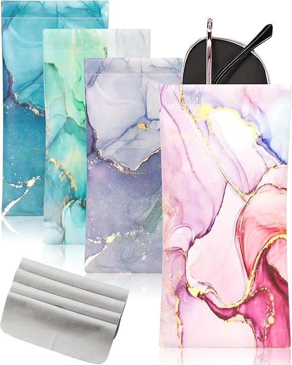 First-zgel 4 Pcs Squeeze Top Sunglass Case with Cleaning Cloth, Soft Leather Eyeglass Case Portable Sunglasses Pouch