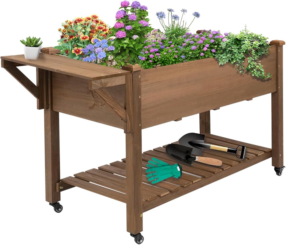 Raised Garden Bed with Lockable Wheels Mobile Elevated Wood Planter,Storage Shelf, Protective Liner,55.5x24x32in (Brown)