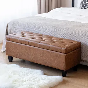 Redlife Storage Ottoman Bench, End of Bed Storage Bench, Storage Bench for Bedroom, Button Tufted, Solid Wood Leg, Faux Leather, Safety Hinge, Leather Ottoman Storage for Bedroom Living Room Entryway