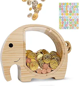 Large Wooden Piggy Bank for Boys & Girls, Cute Toy for Kids & Toddlers, Indestruct Saving Money Box Present with Clear Plastic for Adults Birthday Gifts & Easter