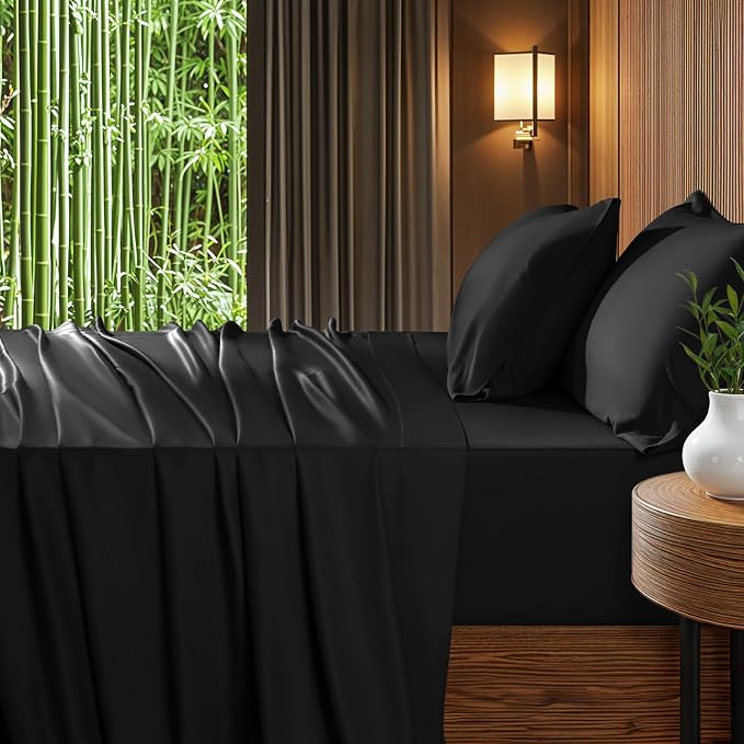 Shilucheng Extra Deep Pocket Queen Sheets, Blend Rayon Derived from Bamboo_, Cooling & Breathable Bed Sheets Fits 18"-24" Thick Mattress, Hotel Silky Bedding Set, Black
