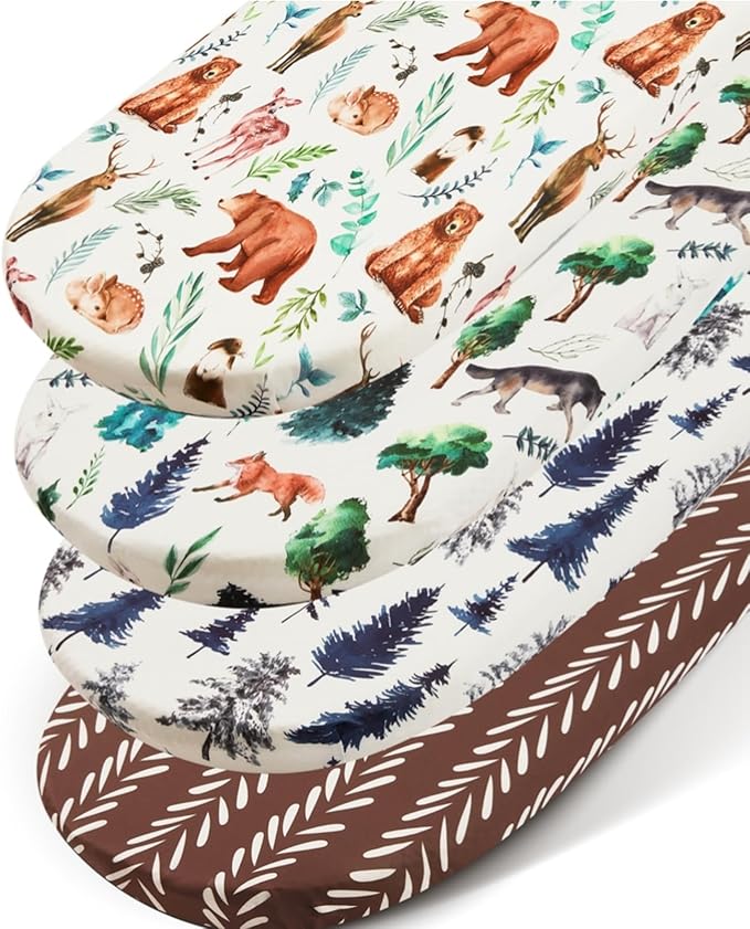 4 Pack Bassinet Sheets Woodland Forest Animals Wood Neutral Unisex Fitted Baby Bassinet Sheets Set for Standard Bassinets for Baby Boys or Girls
