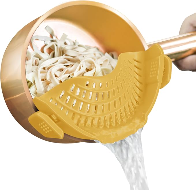 White - AUOON Clip On Strainer Silicone for All Pots and Pans, Pasta Strainer Clip on Food Strainer for Meat Vegetables Fruit Silicone Kitchen Colander (White)