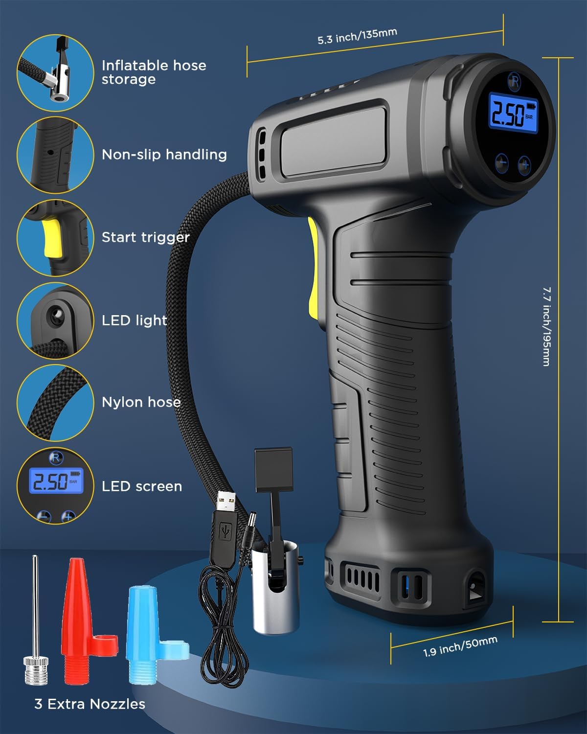 Cordless Tyre Inflator with Digital Gauge and LED Light